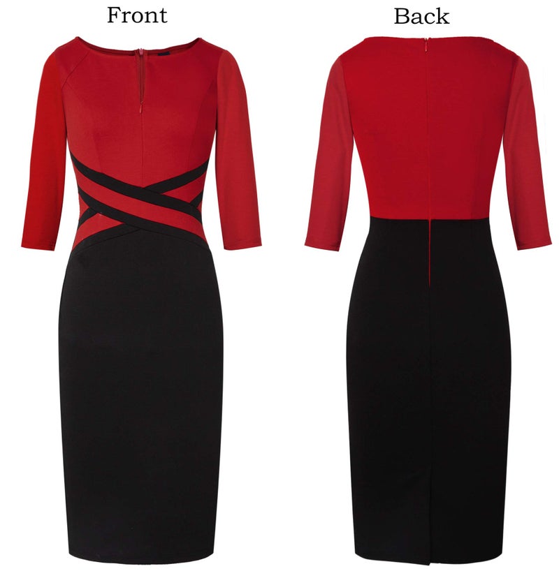VFSHOW Womens Red and Black Patchwork Classy Work Business Casual 3/4 Sleeve Slimming Fitted Front Zipper Crisscross Waist Office Party Pencil Sheath Dress 6472 RED L - Image 3